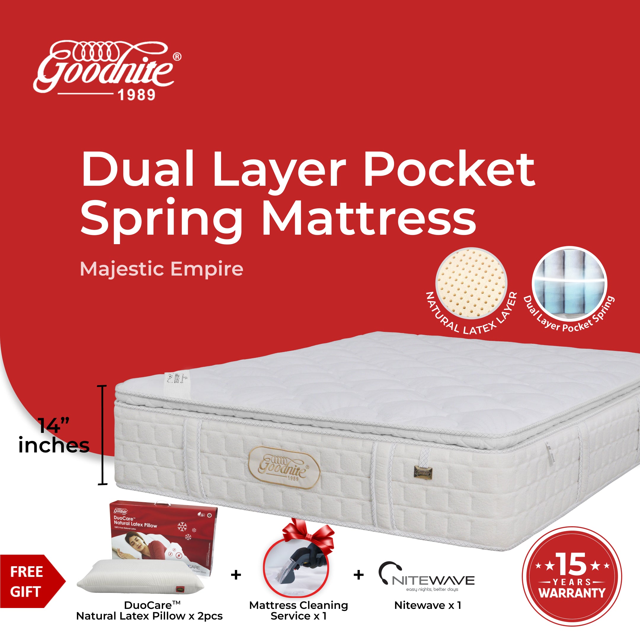 Goodnite Majestic Empire Dual Layer Pocket Spring Mattress (14 Inch) with with Single/ Super Single/ Queen/ King