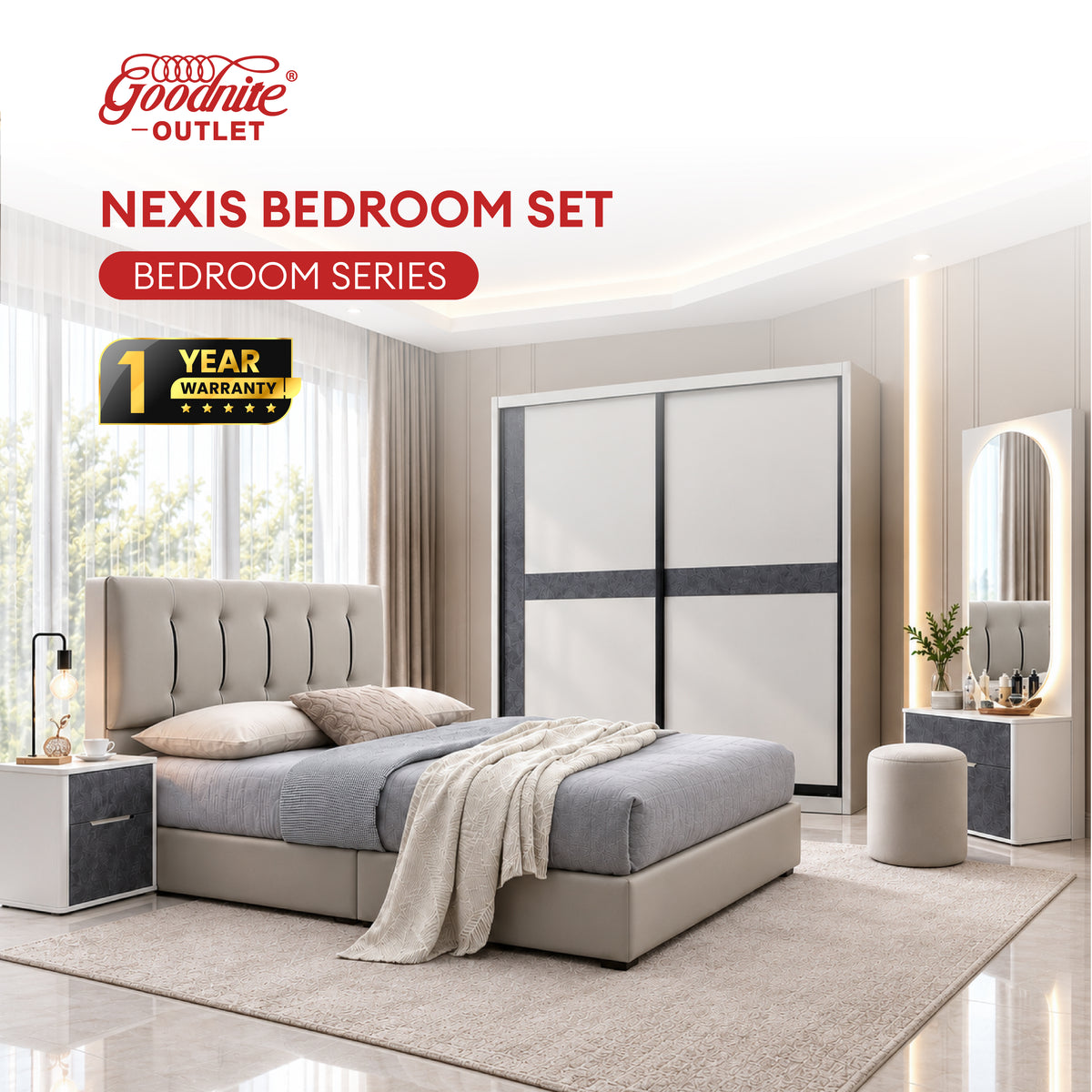 Goodnite Queen/ King Bedroom Set, Bedframe + Wardrobe + Dresser + Side Table (Nexis)