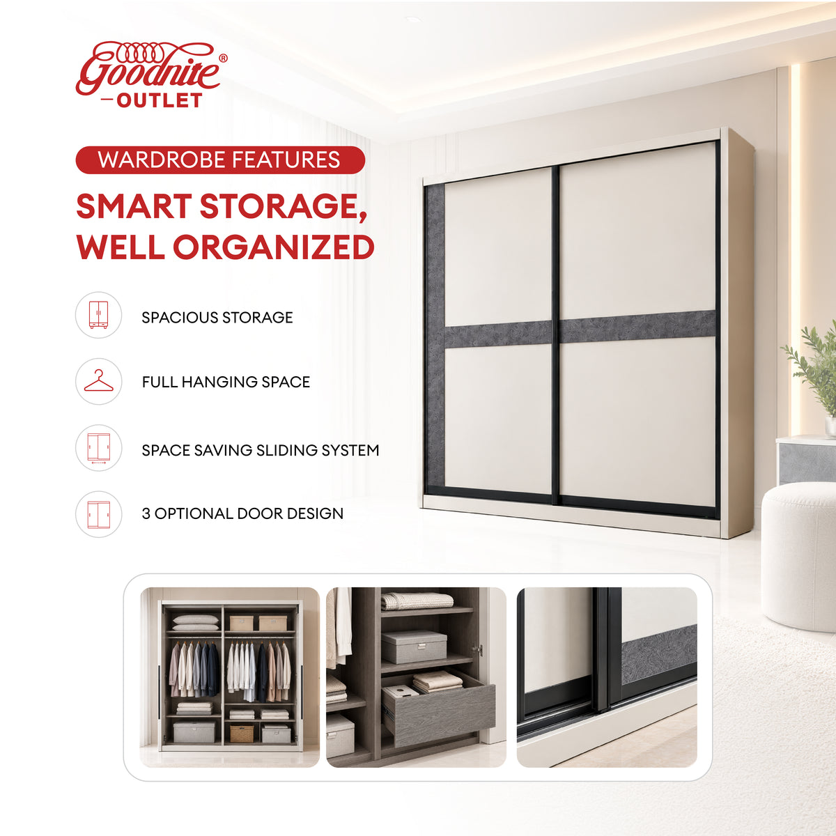 Goodnite Queen/ King Bedroom Set, Bedframe + Wardrobe + Dresser + Side Table (Nexis)