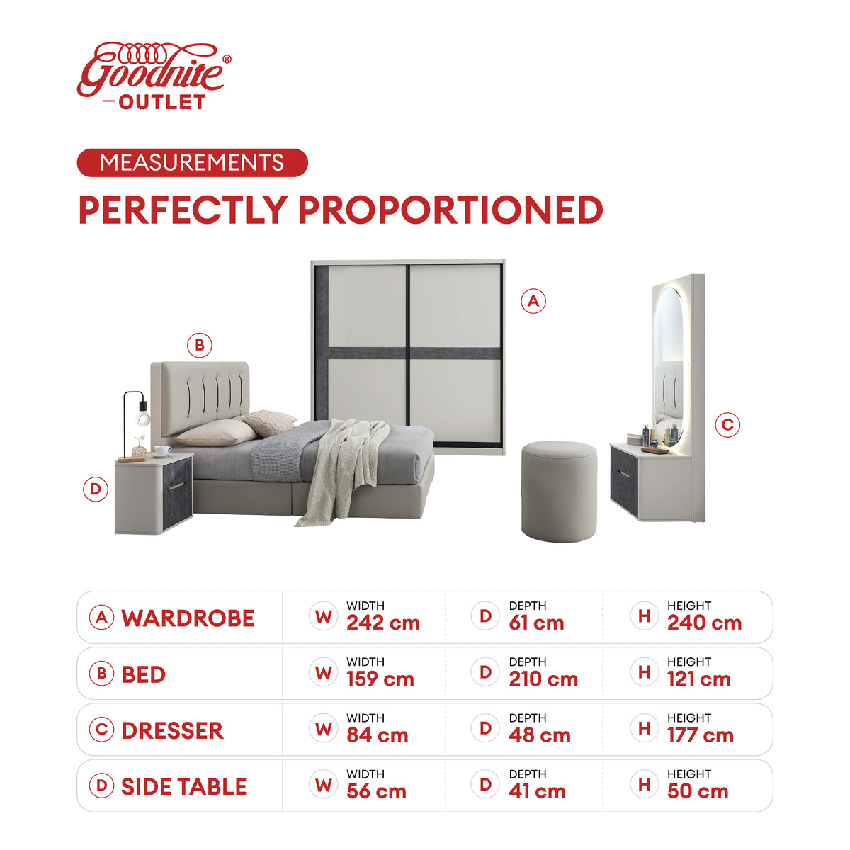 Goodnite Queen/ King Bedroom Set, Bedframe + Wardrobe + Dresser + Side Table (Nexis)