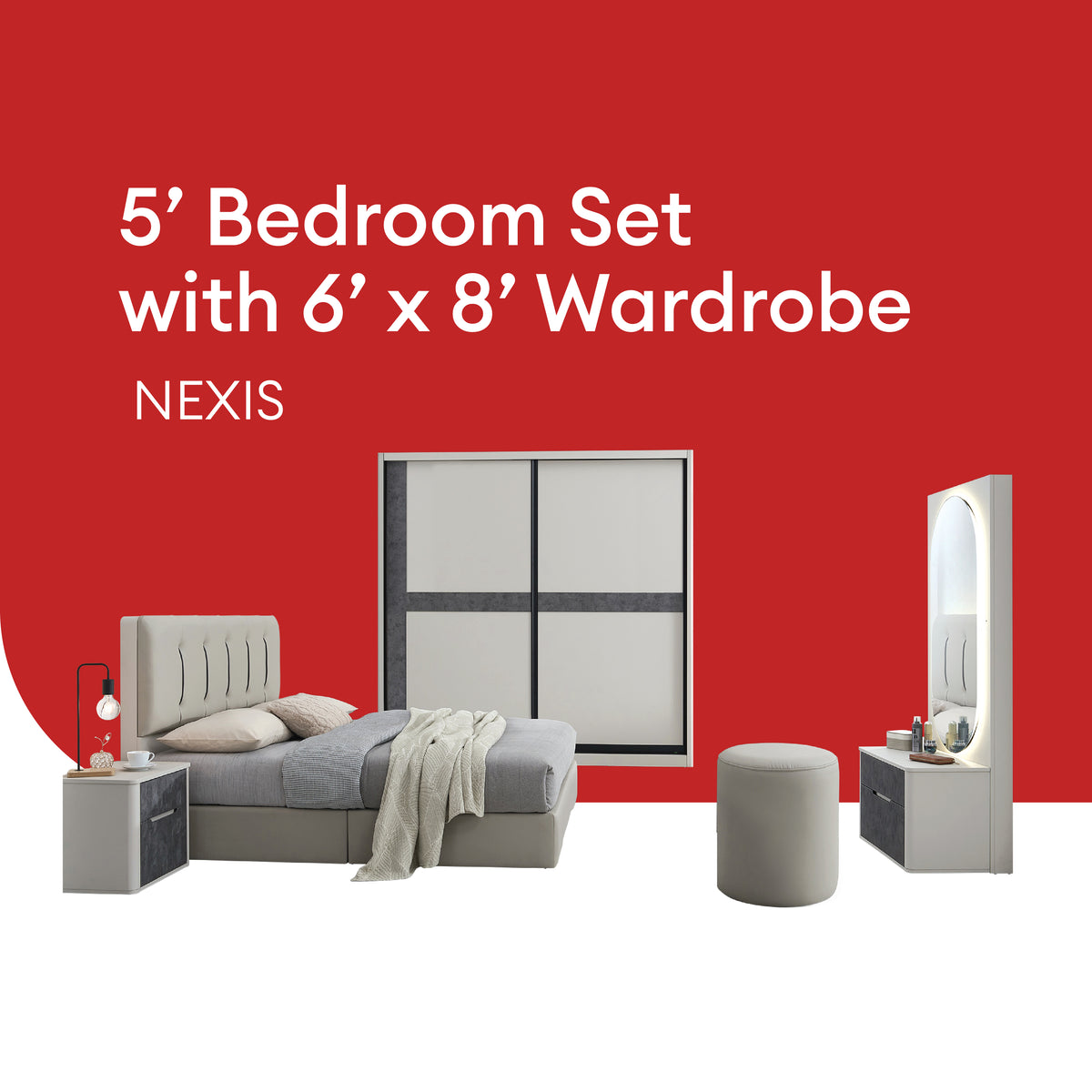 Goodnite Queen/ King Bedroom Set, Bedframe + Wardrobe + Dresser + Side Table (Nexis)