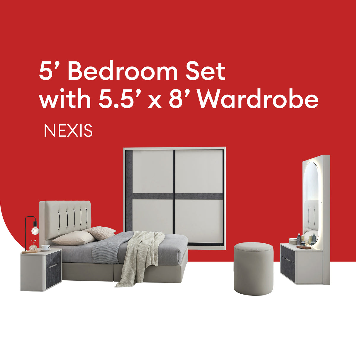 Goodnite Queen/ King Bedroom Set, Bedframe + Wardrobe + Dresser + Side Table (Nexis)