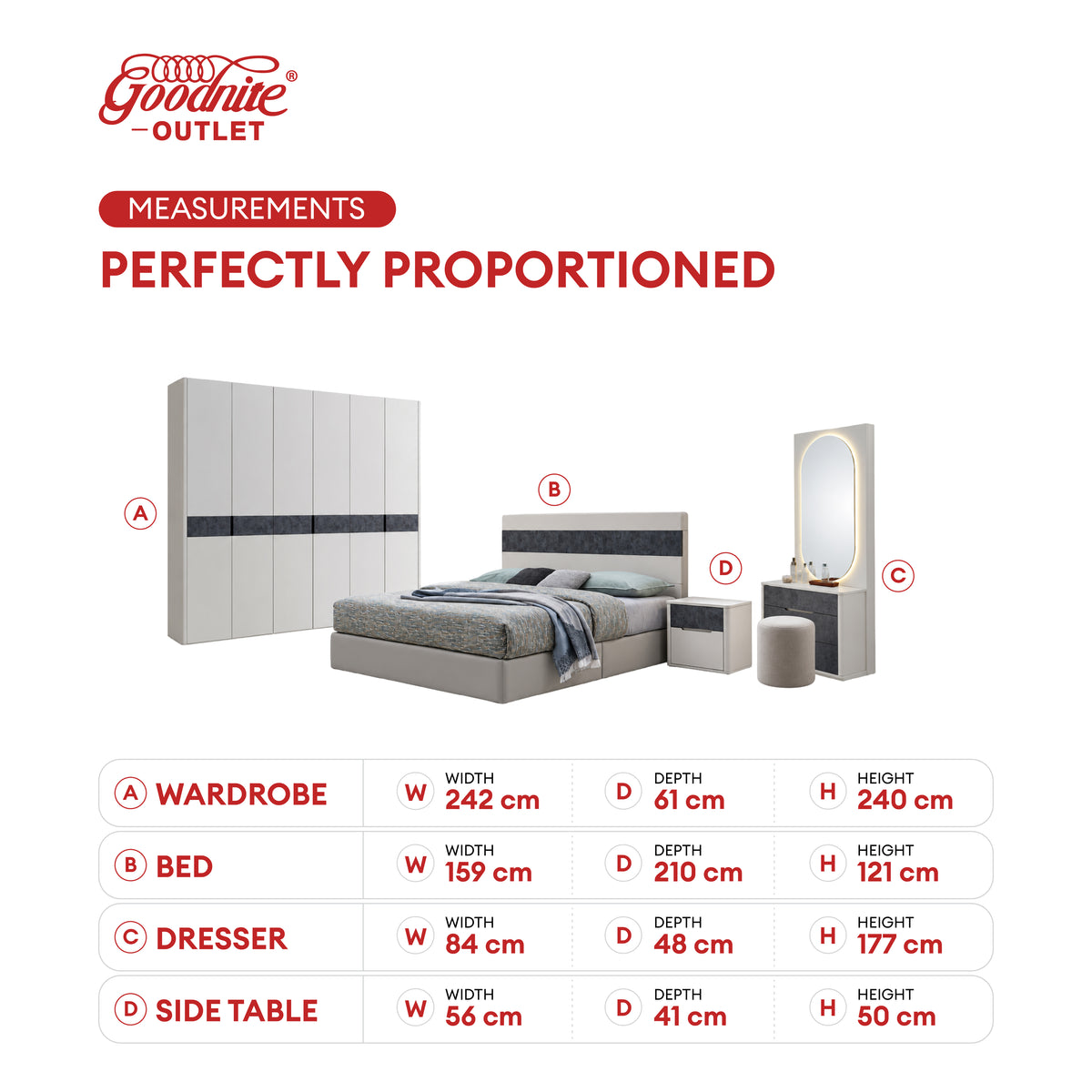 Goodnite Queen/ King Bedroom Set, Bedframe + Wardrobe + Dresser + Side Table (Orbis)