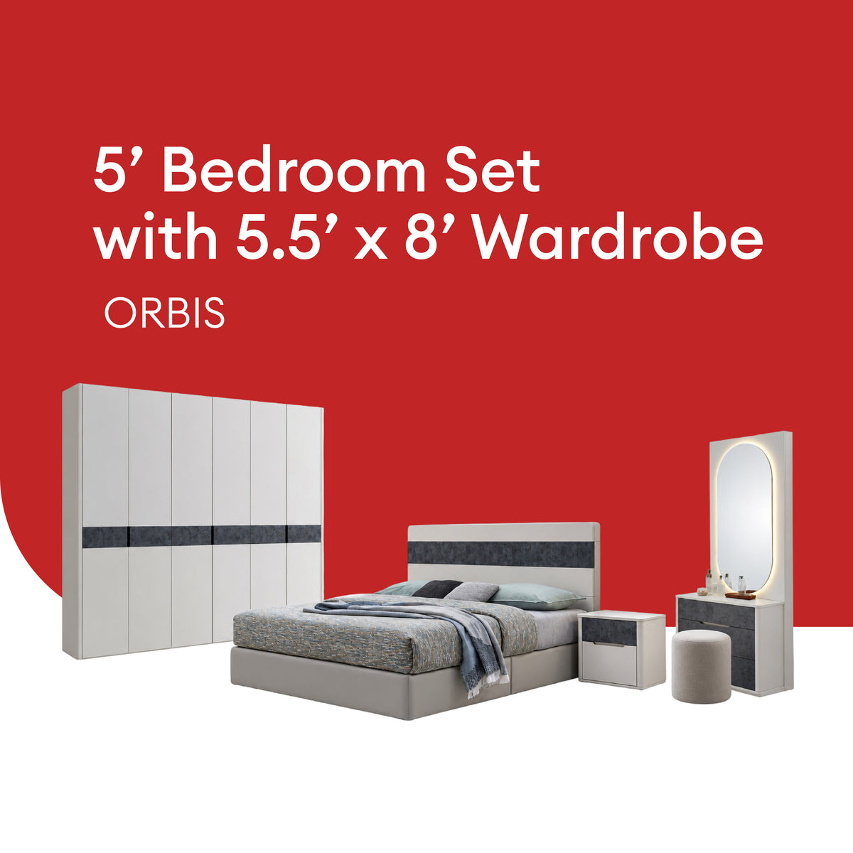 Goodnite Queen/ King Bedroom Set, Bedframe + Wardrobe + Dresser + Side Table (Orbis)