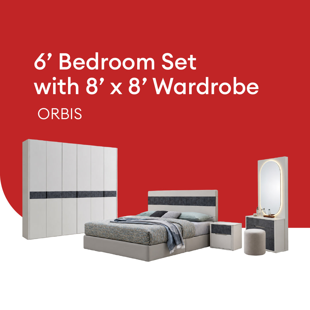 Goodnite Queen/ King Bedroom Set, Bedframe + Wardrobe + Dresser + Side Table (Orbis)