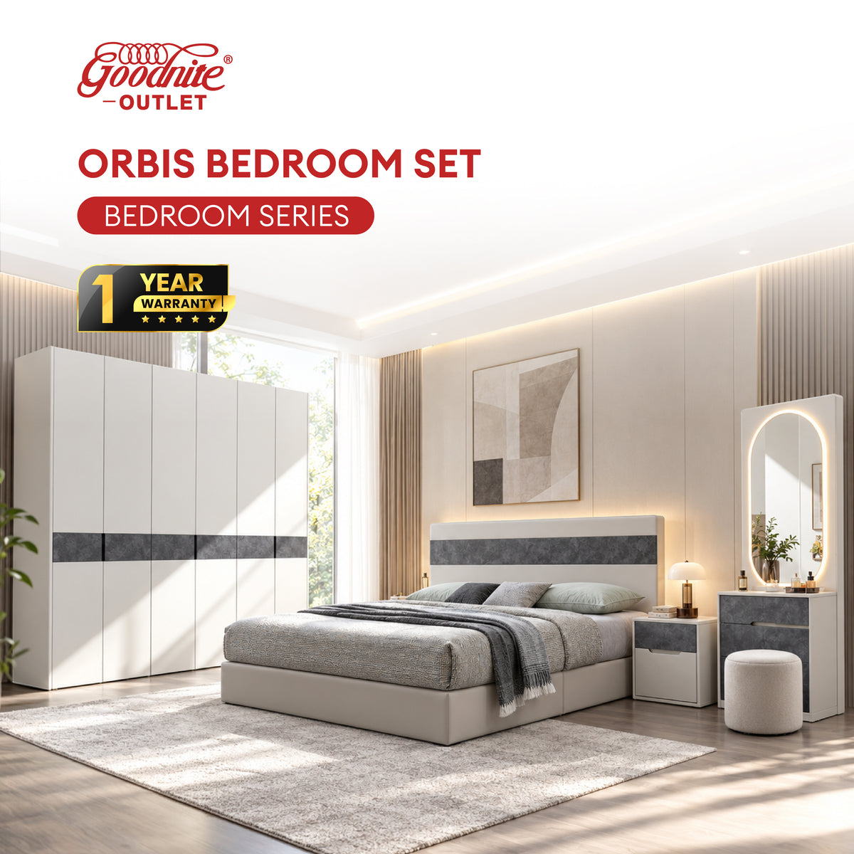 Goodnite Queen/ King Bedroom Set, Bedframe + Wardrobe + Dresser + Side Table (Orbis)