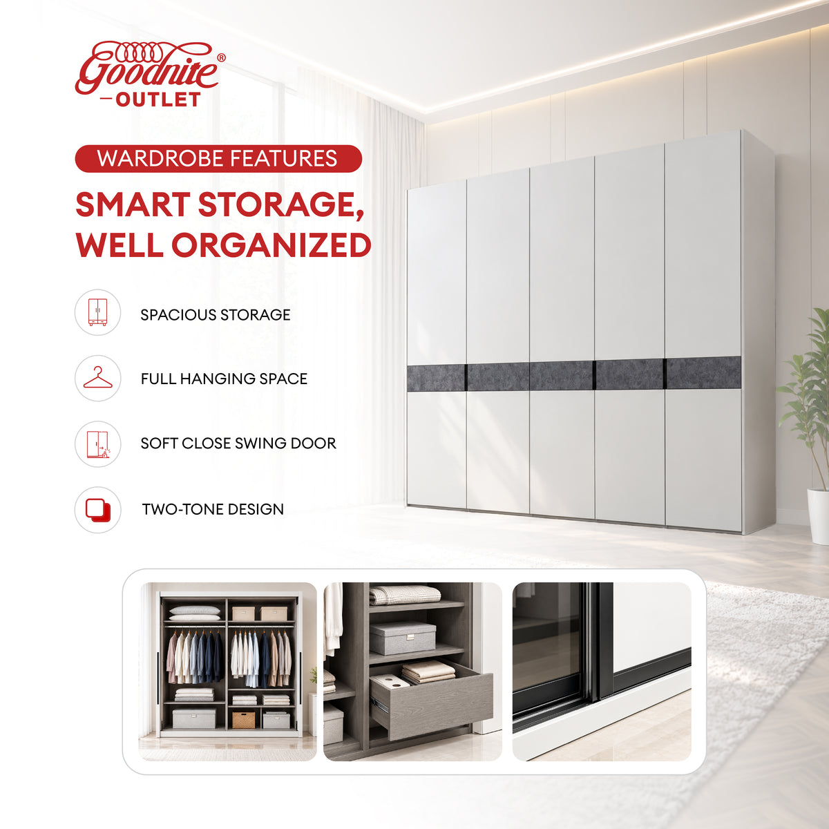 Goodnite Queen/ King Bedroom Set, Bedframe + Wardrobe + Dresser + Side Table (Orbis)