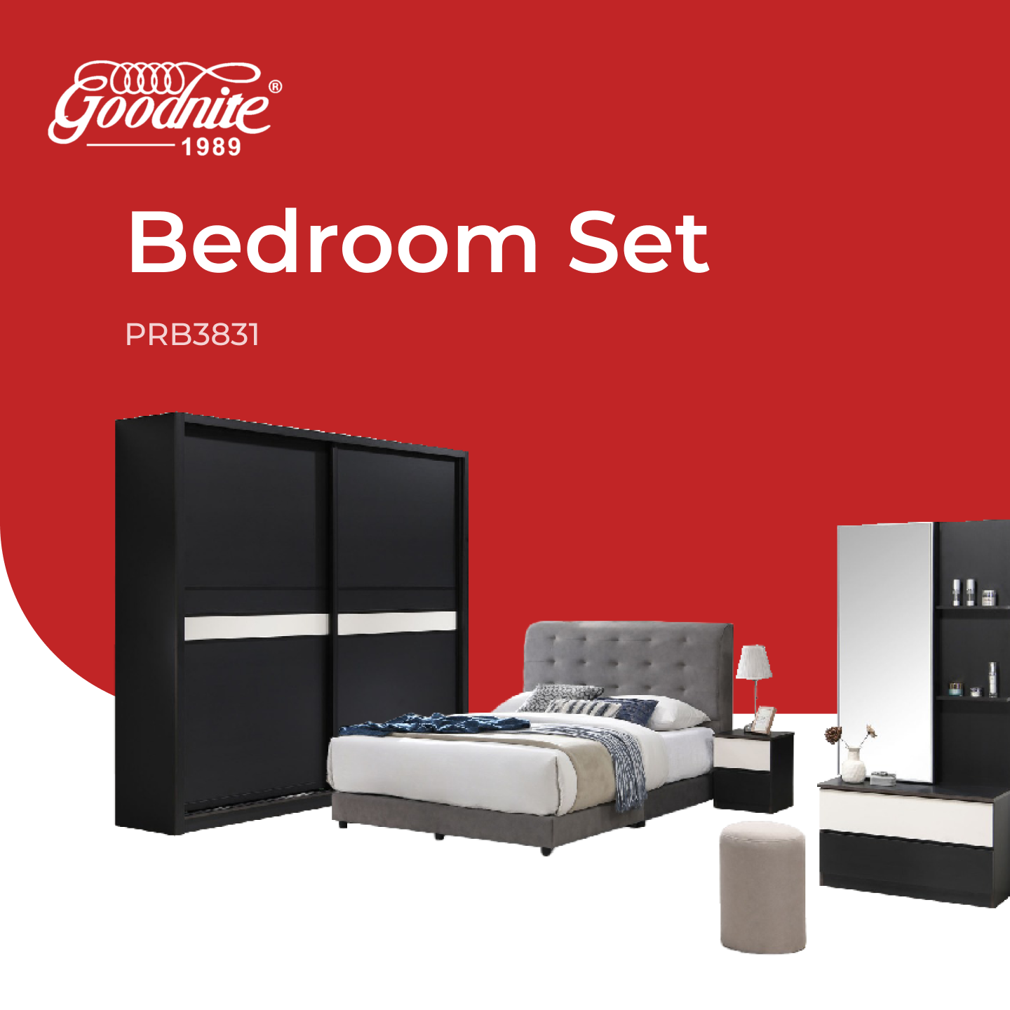 Goodnite Queen/ King Bedroom Set, Bedframe + Wardrobe + Dresser + Side Table (PRB3831)