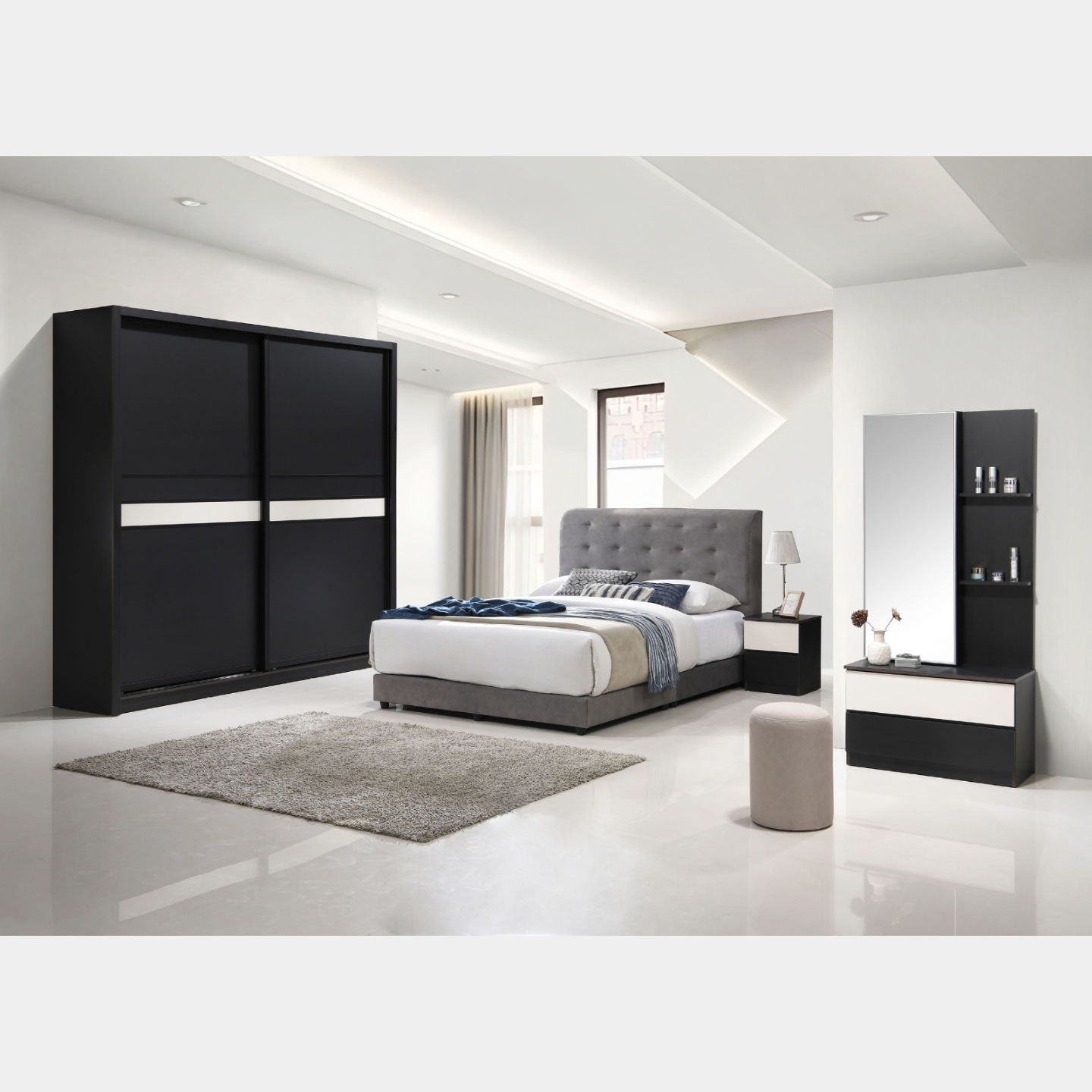 Goodnite Queen/ King Bedroom Set, Bedframe + Wardrobe + Dresser + Side Table (PRB3831)