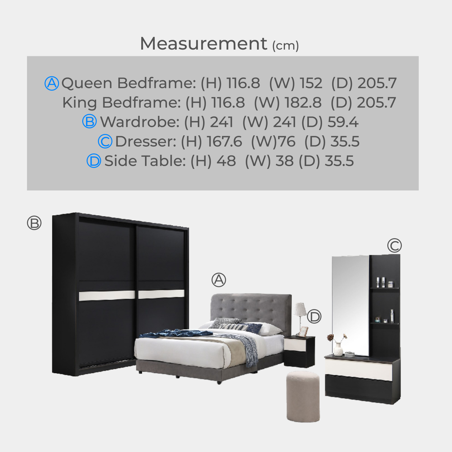 Goodnite Queen/ King Bedroom Set, Bedframe + Wardrobe + Dresser + Side Table (PRB3831)