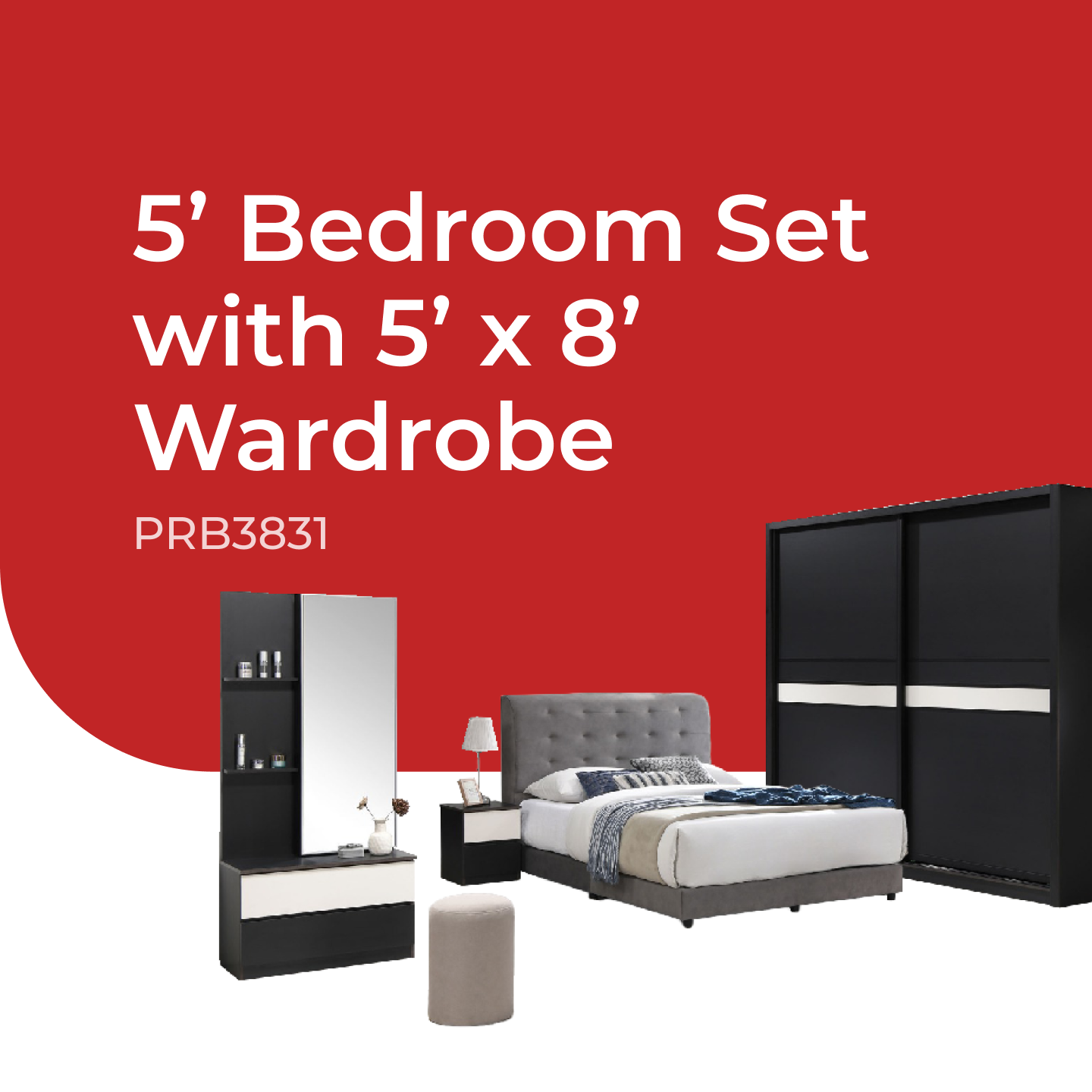 Goodnite Queen/ King Bedroom Set, Bedframe + Wardrobe + Dresser + Side Table (PRB3831)