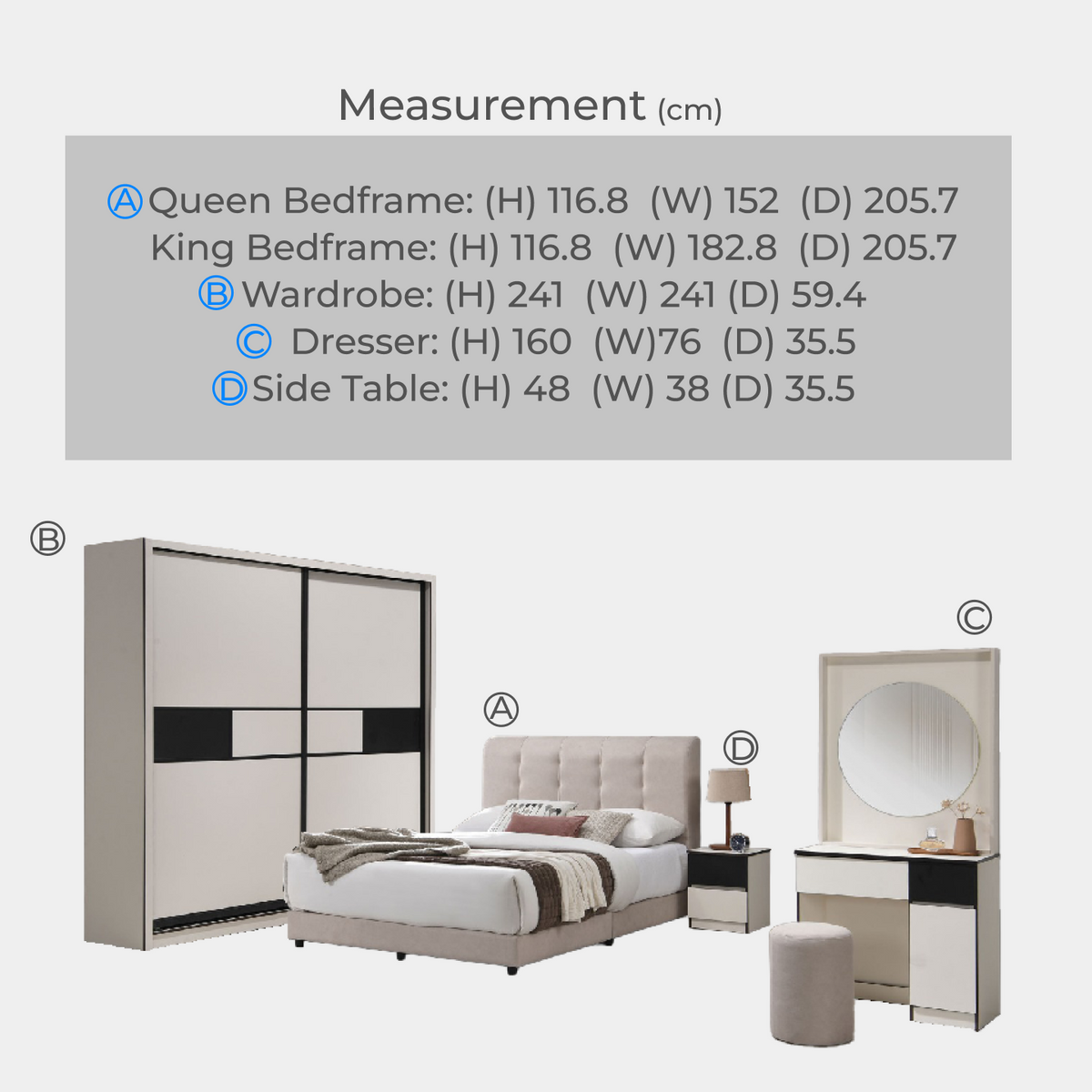 Goodnite Queen/ King Bedroom Set, Bedframe + Wardrobe + Dresser + Side Table (PRB3832)