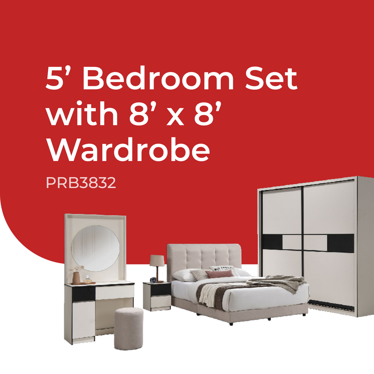 Goodnite Queen/ King Bedroom Set, Bedframe + Wardrobe + Dresser + Side Table (PRB3832)