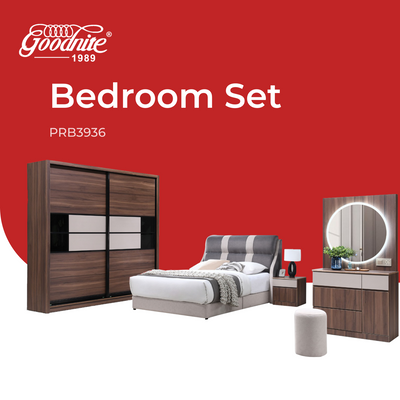 Goodnite Queen/ King Bedroom Set, Bedframe + Wardrobe + Dresser + Side Table (PRB3936)