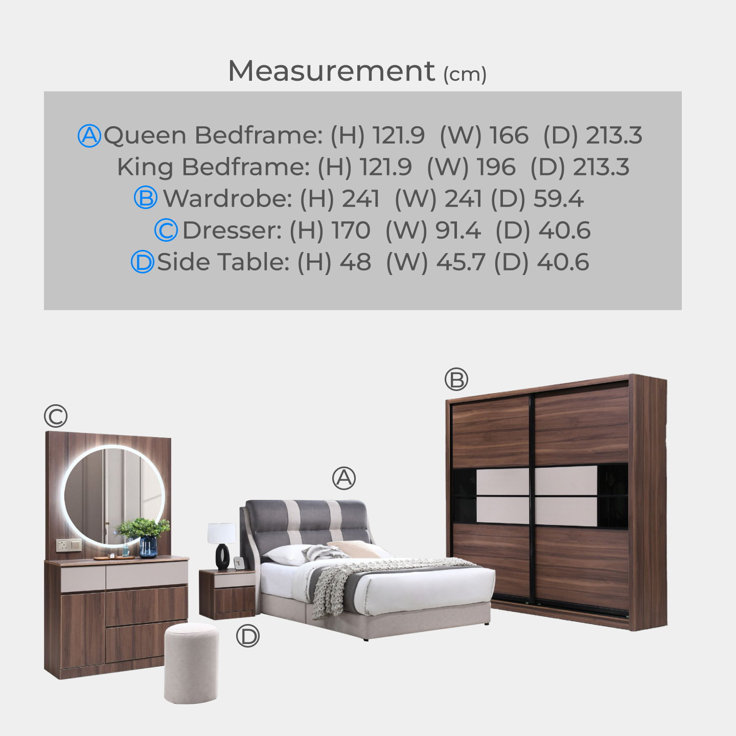 Goodnite Queen/ King Bedroom Set, Bedframe + Wardrobe + Dresser + Side Table (PRB3936)