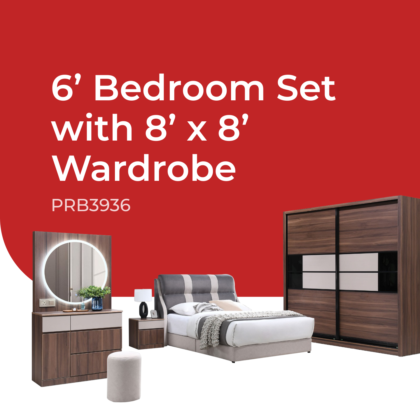 Goodnite Queen/ King Bedroom Set, Bedframe + Wardrobe + Dresser + Side Table (PRB3936)