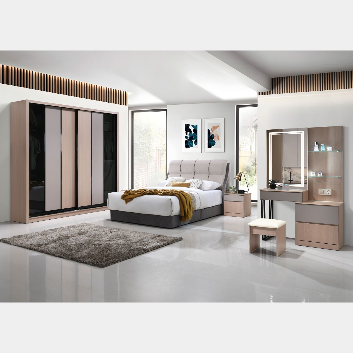 Goodnite Queen/ King Bedroom Set, Bedframe + Wardrobe + Dresser + Side Table (PRB3938)