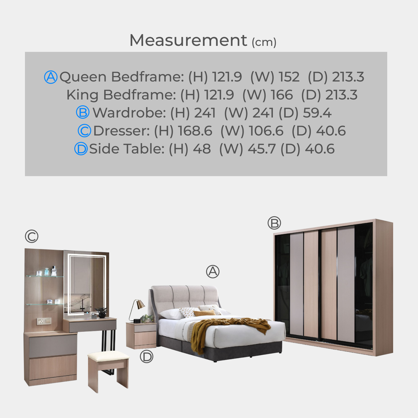 Goodnite Queen/ King Bedroom Set, Bedframe + Wardrobe + Dresser + Side Table (PRB3938)