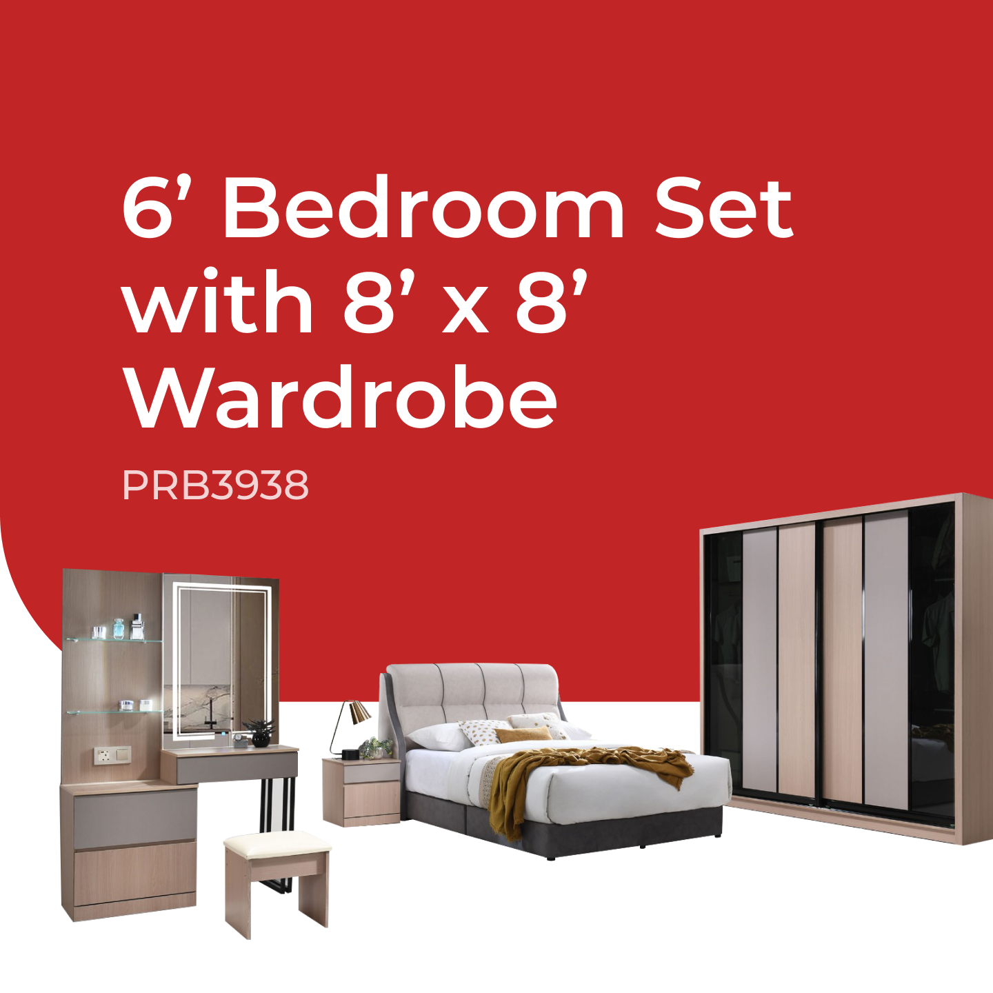Goodnite Queen/ King Bedroom Set, Bedframe + Wardrobe + Dresser + Side Table (PRB3938)