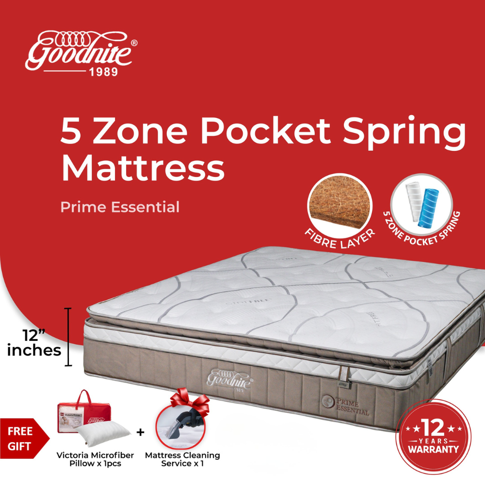 Goodnite Prime Essential Mattress 5 Zone Pocket Spring Mattress (12 Inch) with Single/ Super Single/ Queen/ King