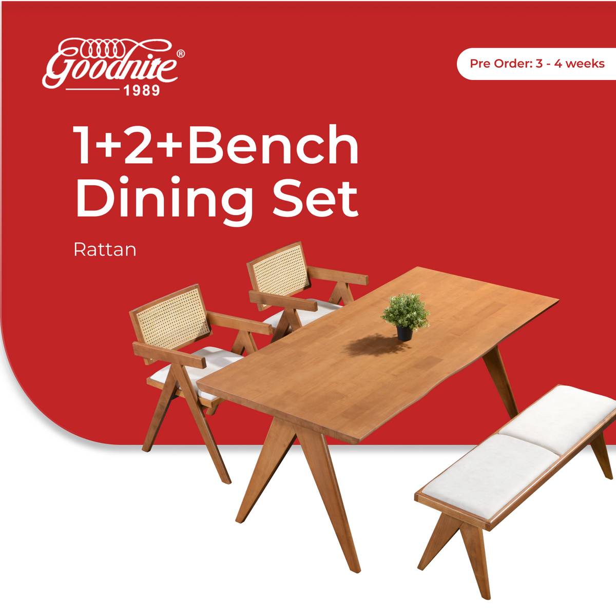 Goodnite (1+2+Bench) / (1+4+Bench) Solid Rubber Wood Dining Set