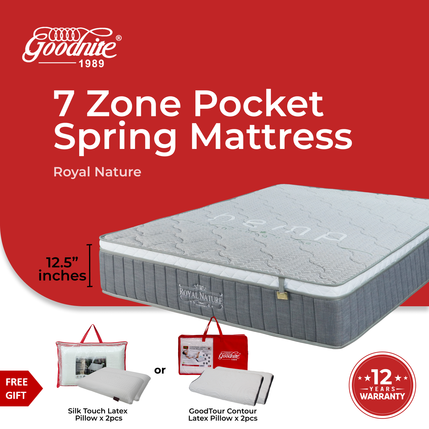 Goodnite Royal Nature 7 Zone Pocket Spring Mattress (12.5 Inch) with Single/ Queen/ King
