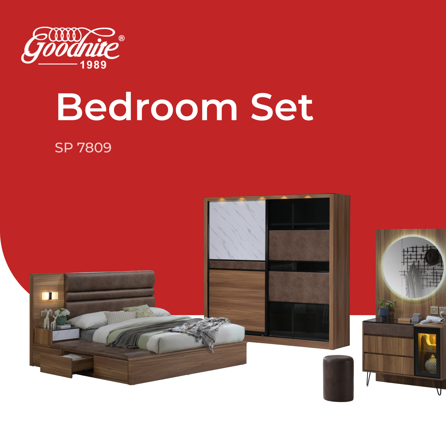 Goodnite Queen/ King Bedroom Set, Bedframe + Wardrobe + Dresser + Side Table (SP7809)