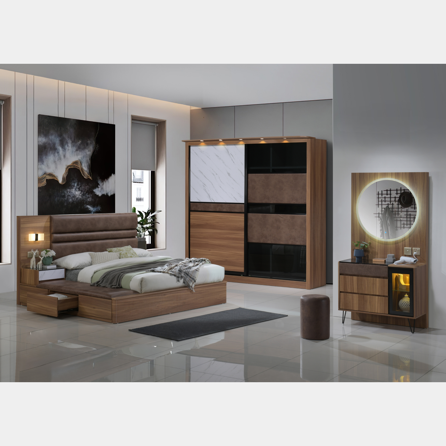 Goodnite Queen/ King Bedroom Set, Bedframe + Wardrobe + Dresser + Side Table (SP7809)
