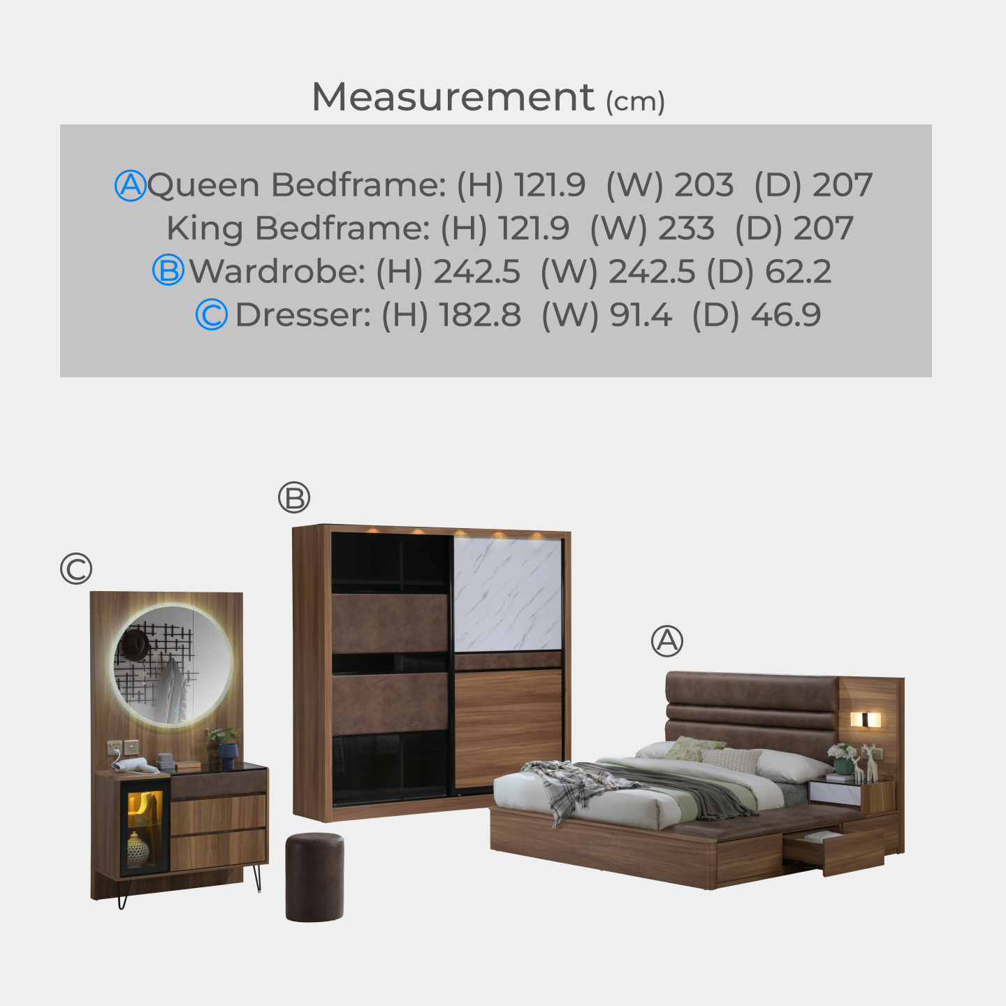 Goodnite Queen/ King Bedroom Set, Bedframe + Wardrobe + Dresser + Side Table (SP7809)