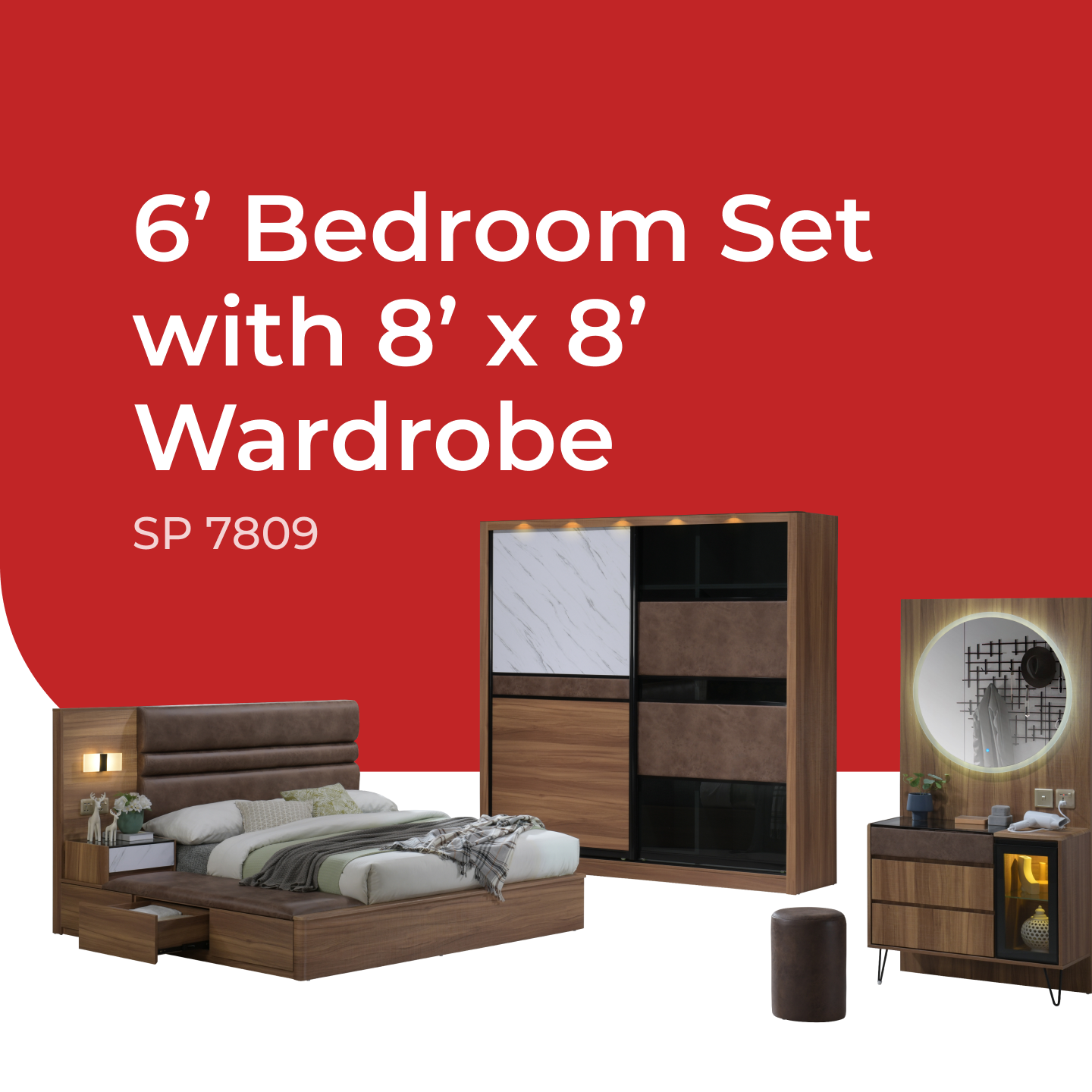 Goodnite Queen/ King Bedroom Set, Bedframe + Wardrobe + Dresser + Side Table (SP7809)