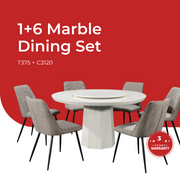 Goodnite (1+6) Marble Dining Set (W 1350mm) / (1+8) Marble Dining Set (W 1500mm), Marble Table, Metal Leg, Fabric Chair