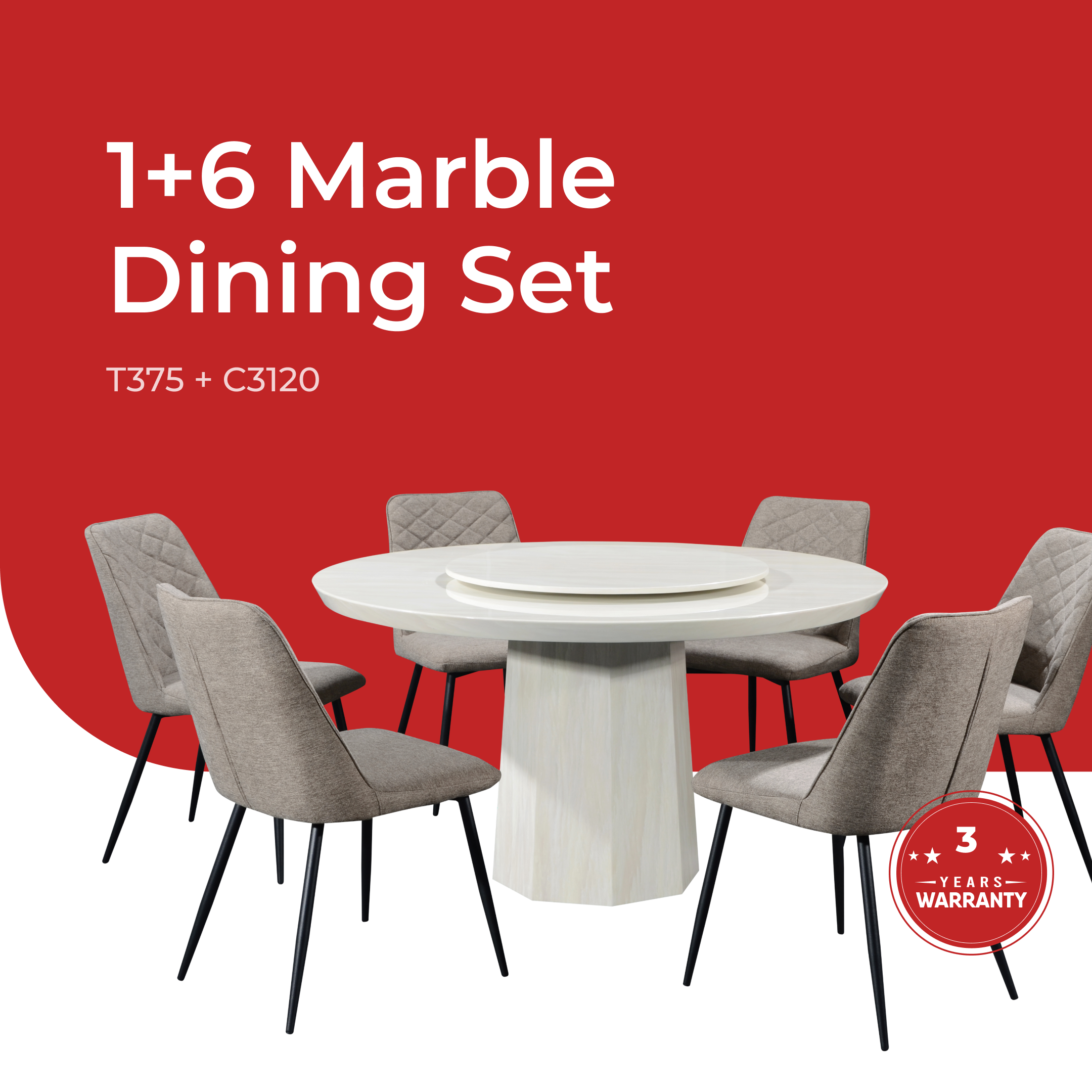 Goodnite (1+6) Marble Dining Set (W 1350mm) / (1+8) Marble Dining Set (W 1500mm), Marble Table, Metal Leg, Fabric Chair