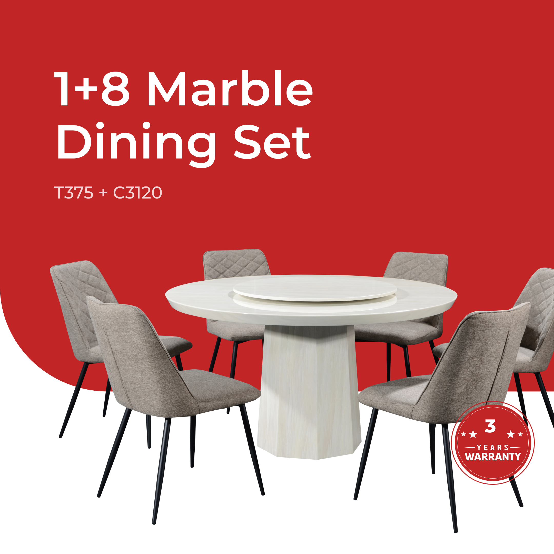 Goodnite (1+6) Marble Dining Set (W 1350mm) / (1+8) Marble Dining Set (W 1500mm), Marble Table, Metal Leg, Fabric Chair