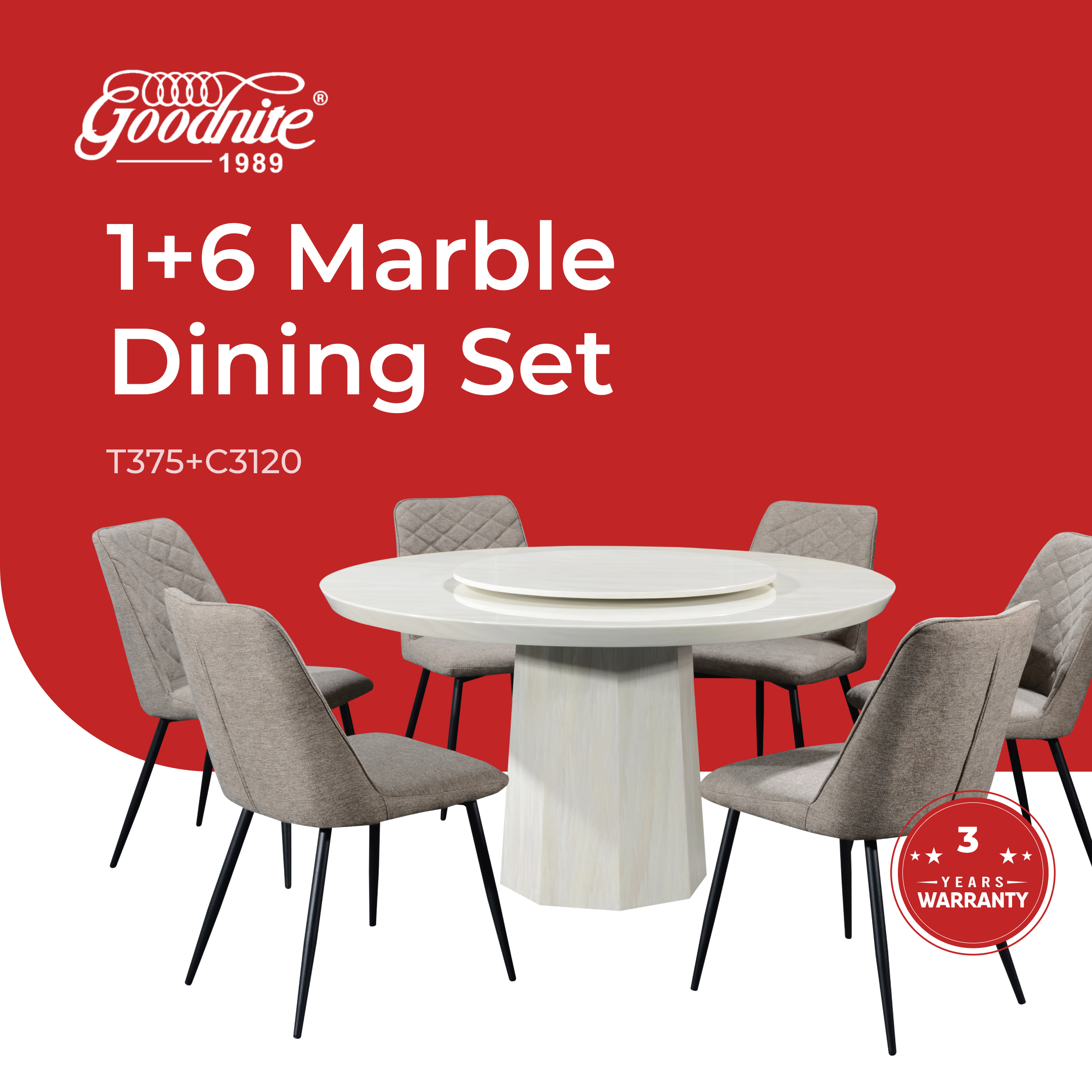 Goodnite (1+6) Marble Dining Set (W 1350mm) / (1+8) Marble Dining Set (W 1500mm), Marble Table, Metal Leg, Fabric Chair