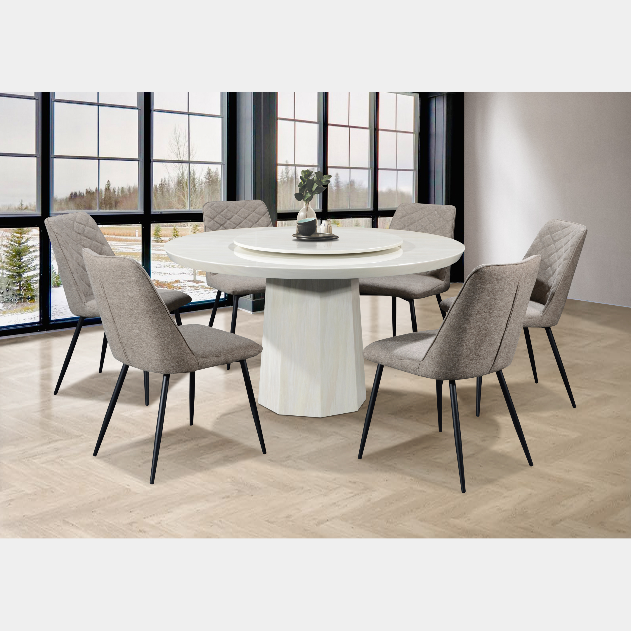 Goodnite (1+6) Marble Dining Set (W 1350mm) / (1+8) Marble Dining Set (W 1500mm), Marble Table, Metal Leg, Fabric Chair