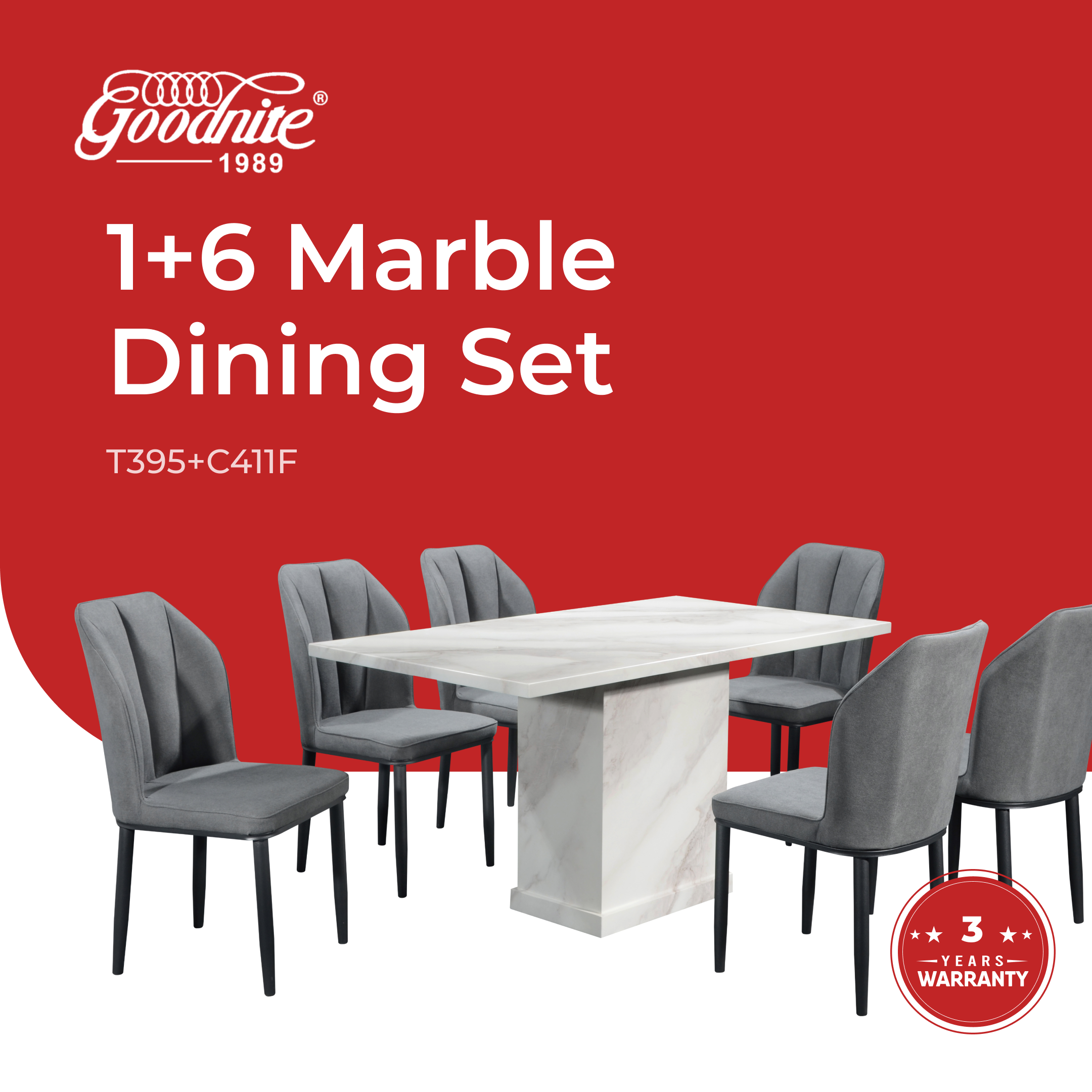 Goodnite (1+6) Marble Dining Set (W 1400mm), Marble Table, Metal Leg, Fabric Chair