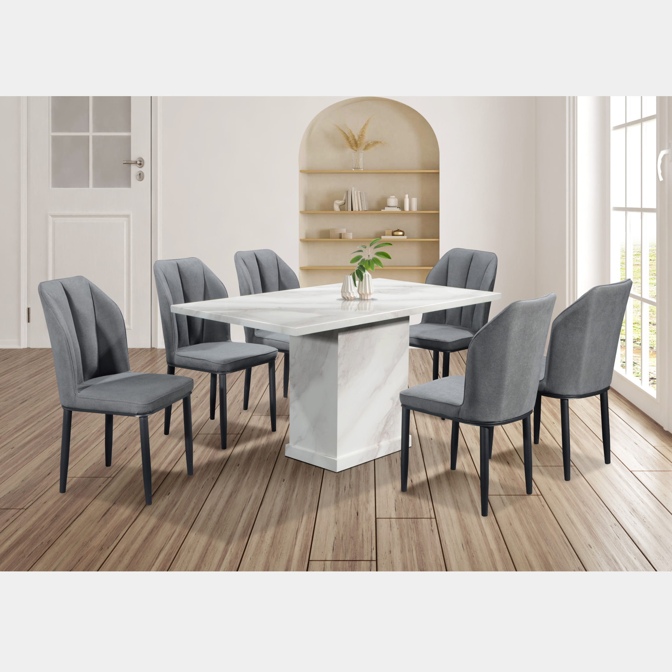 Goodnite (1+6) Marble Dining Set (W 1400mm), Marble Table, Metal Leg, Fabric Chair
