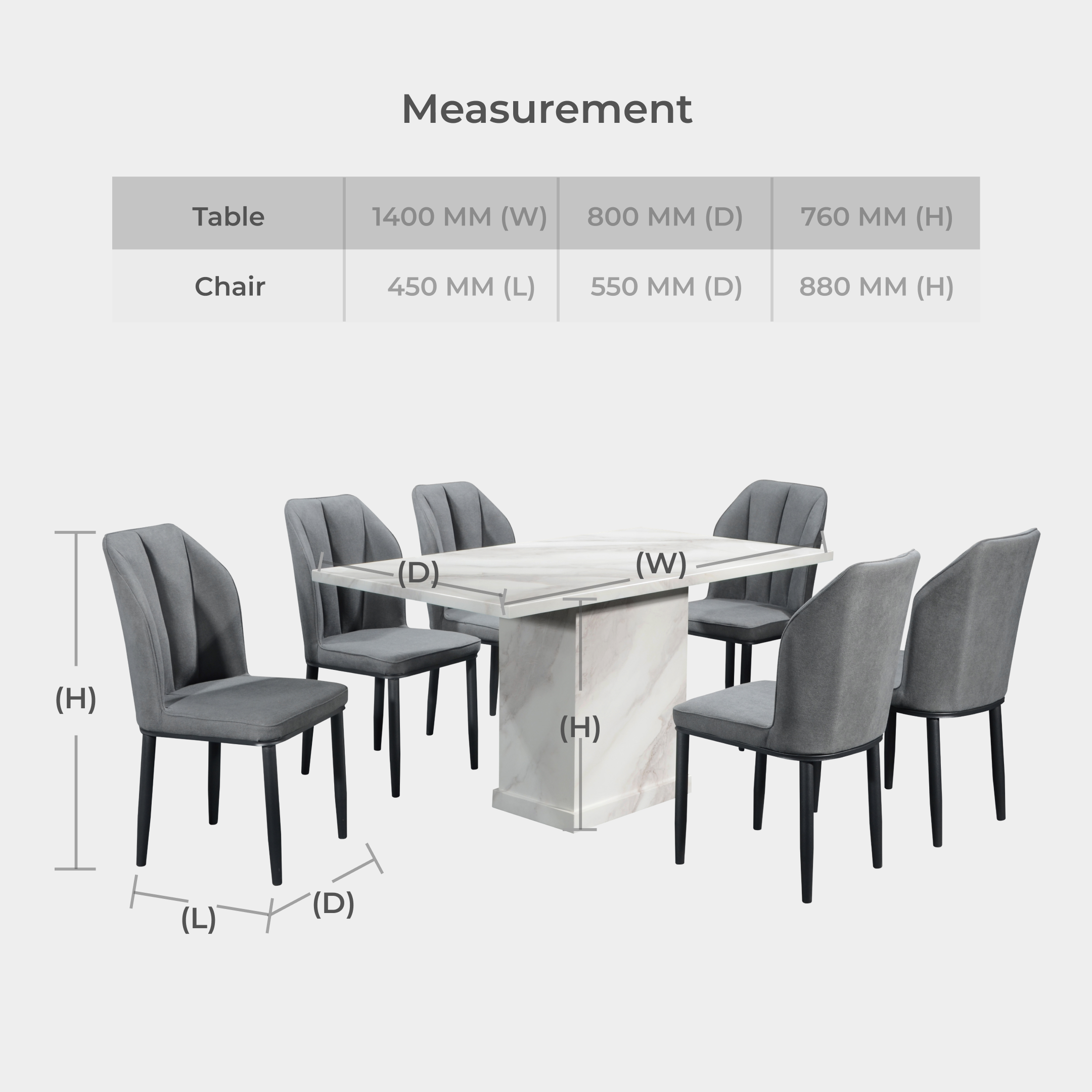 Goodnite (1+6) Marble Dining Set (W 1400mm), Marble Table, Metal Leg, Fabric Chair