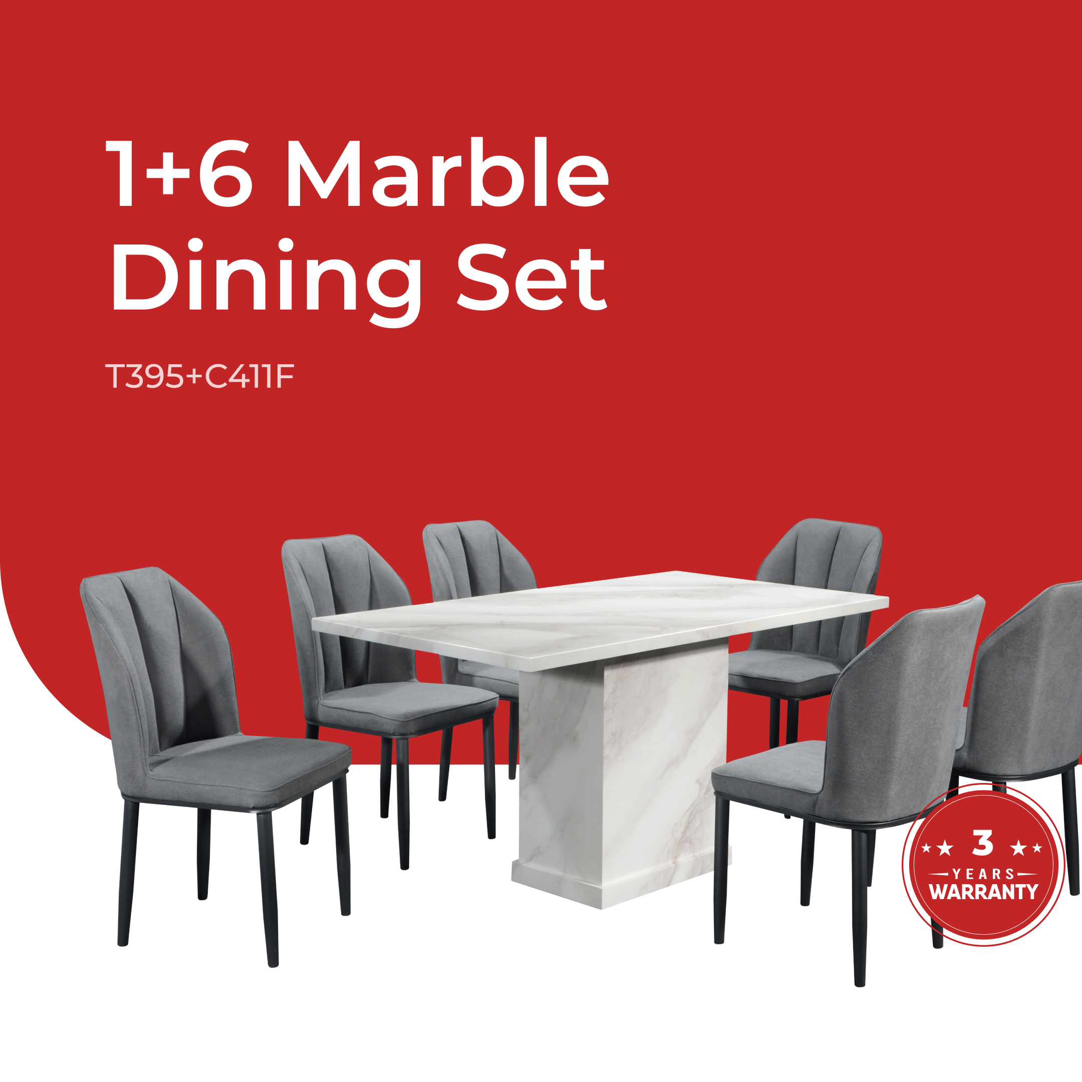 Goodnite (1+6) Marble Dining Set (W 1400mm), Marble Table, Metal Leg, Fabric Chair