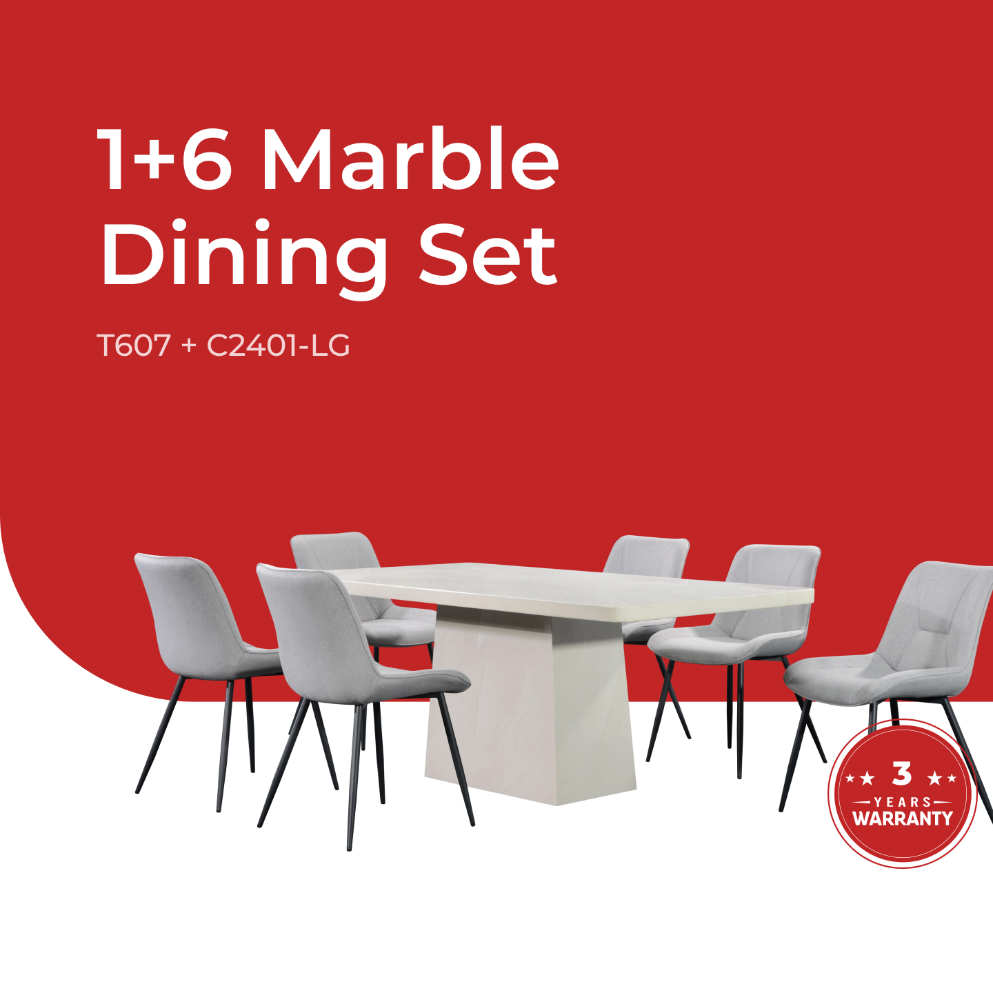 Goodnite (1+6) Marble Dining Set (W 1800mm) / (1+8) Marble Dining Set (W 2100mm), Marble Top Table, Metal Leg, Fabric Chair