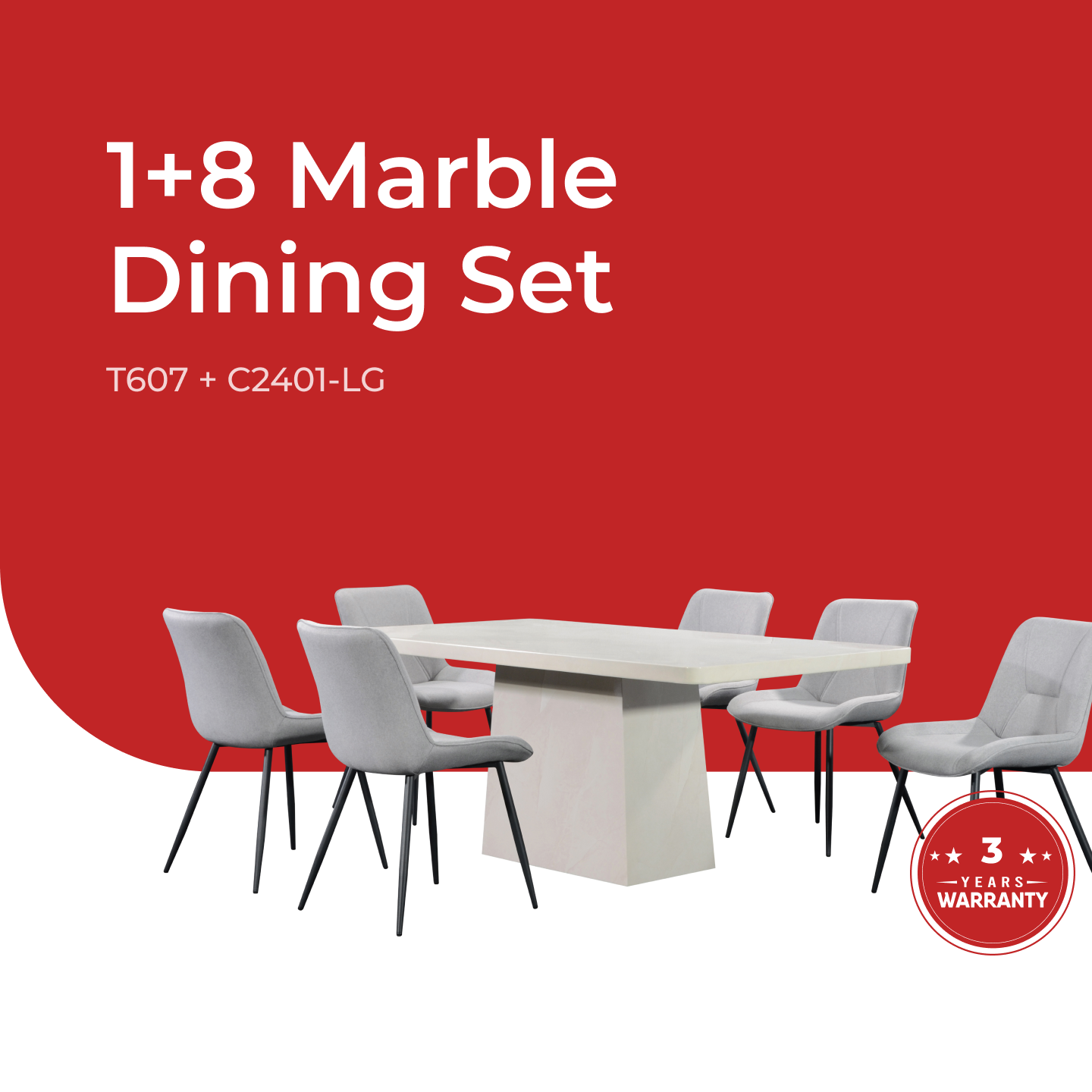 Goodnite (1+6) Marble Dining Set (W 1800mm) / (1+8) Marble Dining Set (W 2100mm), Marble Top Table, Metal Leg, Fabric Chair