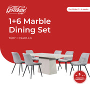 Goodnite (1+6) Marble Dining Set (W 1800mm) / (1+8) Marble Dining Set (W 2100mm), Marble Top Table, Metal Leg, Fabric Chair