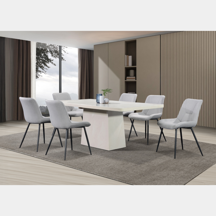 Goodnite (1+6) Marble Dining Set (W 1800mm) / (1+8) Marble Dining Set (W 2100mm), Marble Top Table, Metal Leg, Fabric Chair