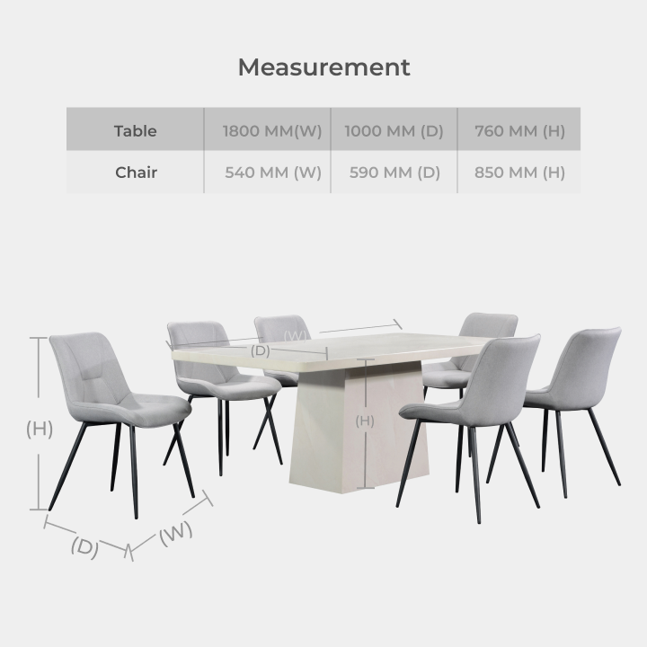 Goodnite (1+6) Marble Dining Set (W 1800mm) / (1+8) Marble Dining Set (W 2100mm), Marble Top Table, Metal Leg, Fabric Chair