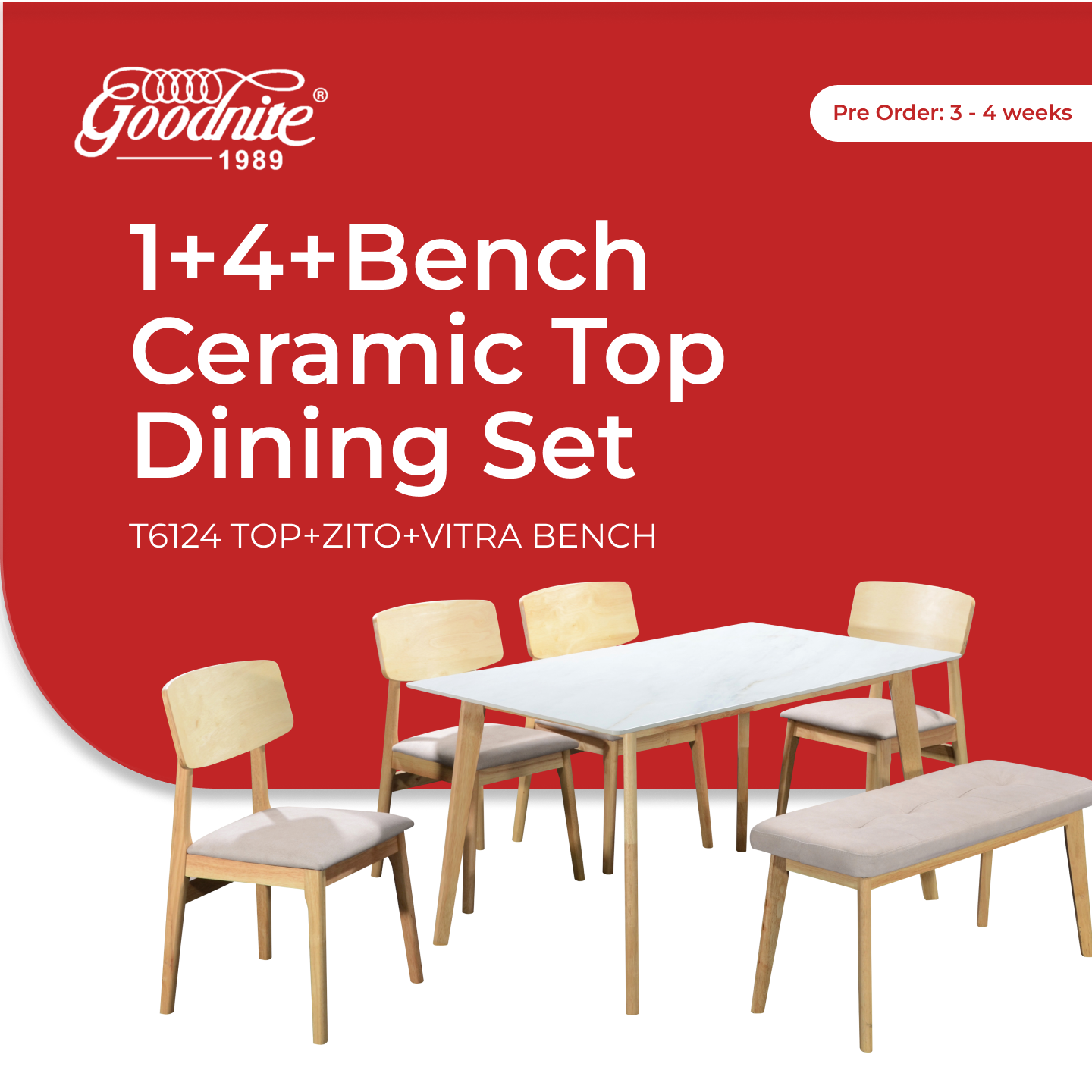 Goodnite (1+4+Bench) Ceramic Dining Set, Ceramic Top, Solid Rubber Wood