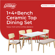 Goodnite (1+4+Bench) Ceramic Dining Set, Ceramic Top, Solid Rubber Wood