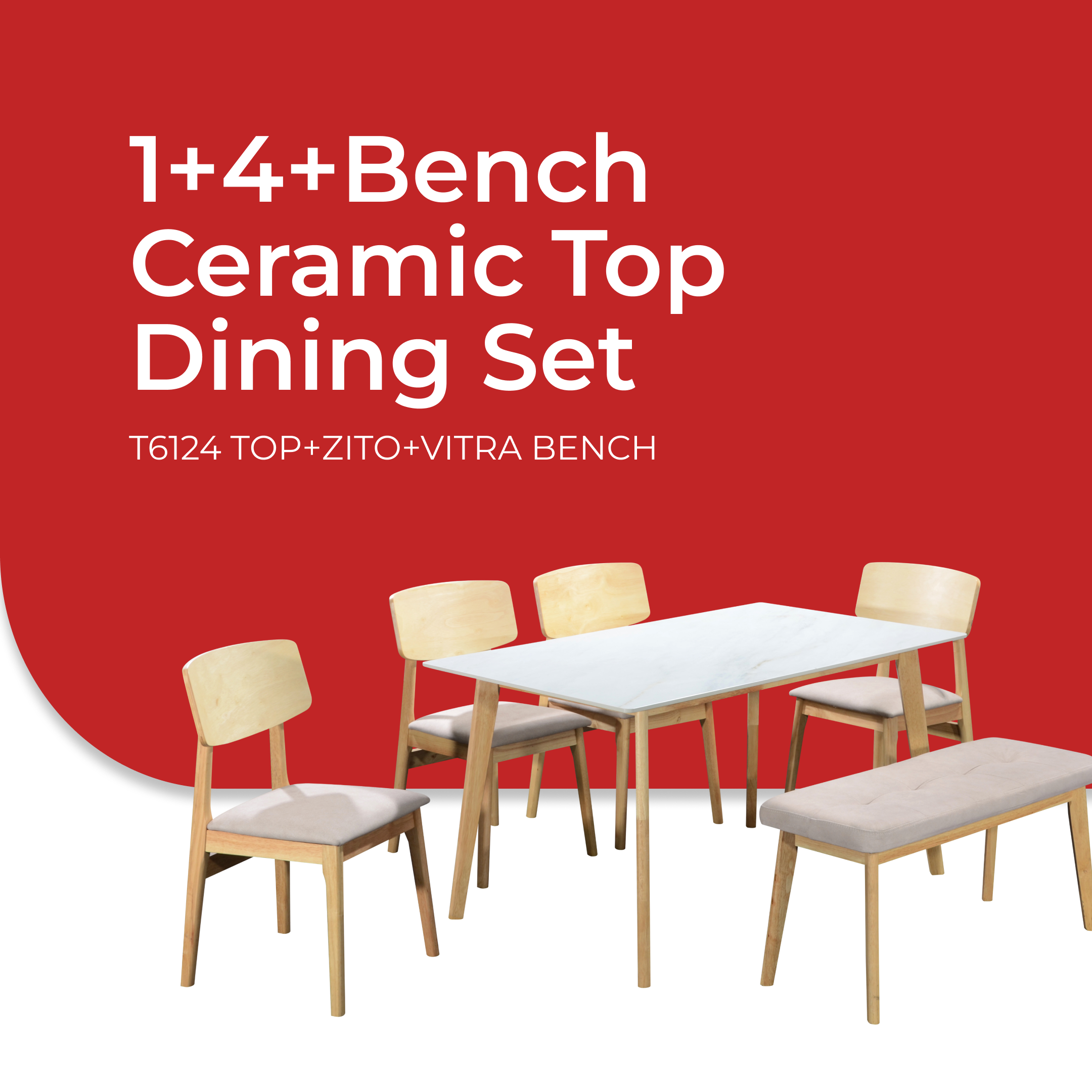Goodnite (1+4+Bench) Ceramic Dining Set, Ceramic Top, Solid Rubber Wood