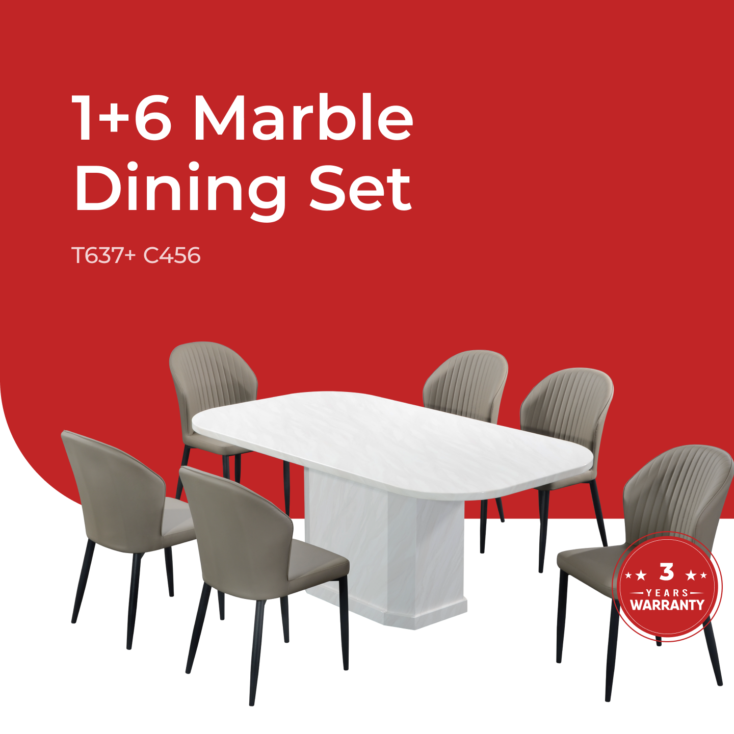 Goodnite (1+6) Marble Dining Set, Marble Top Table, Metal Leg, PU Chair