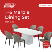 Goodnite (1+6) Marble Dining Set, Marble Top Table, Metal Leg, PU Chair