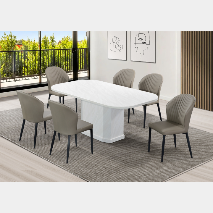 Goodnite (1+6) Marble Dining Set, Marble Top Table, Metal Leg, PU Chair